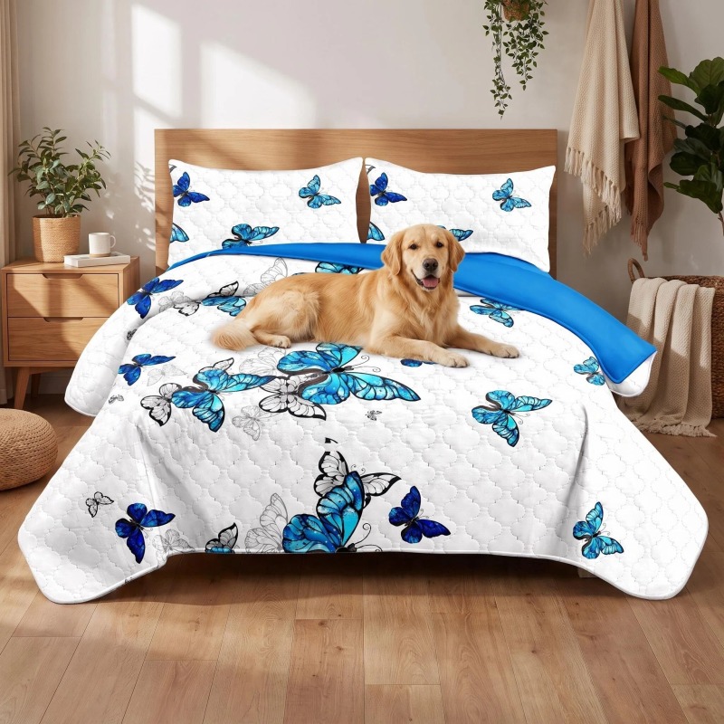 3-Piece Blue Butterfly Quilted Bedspread Set For King And California King (Option: KING)