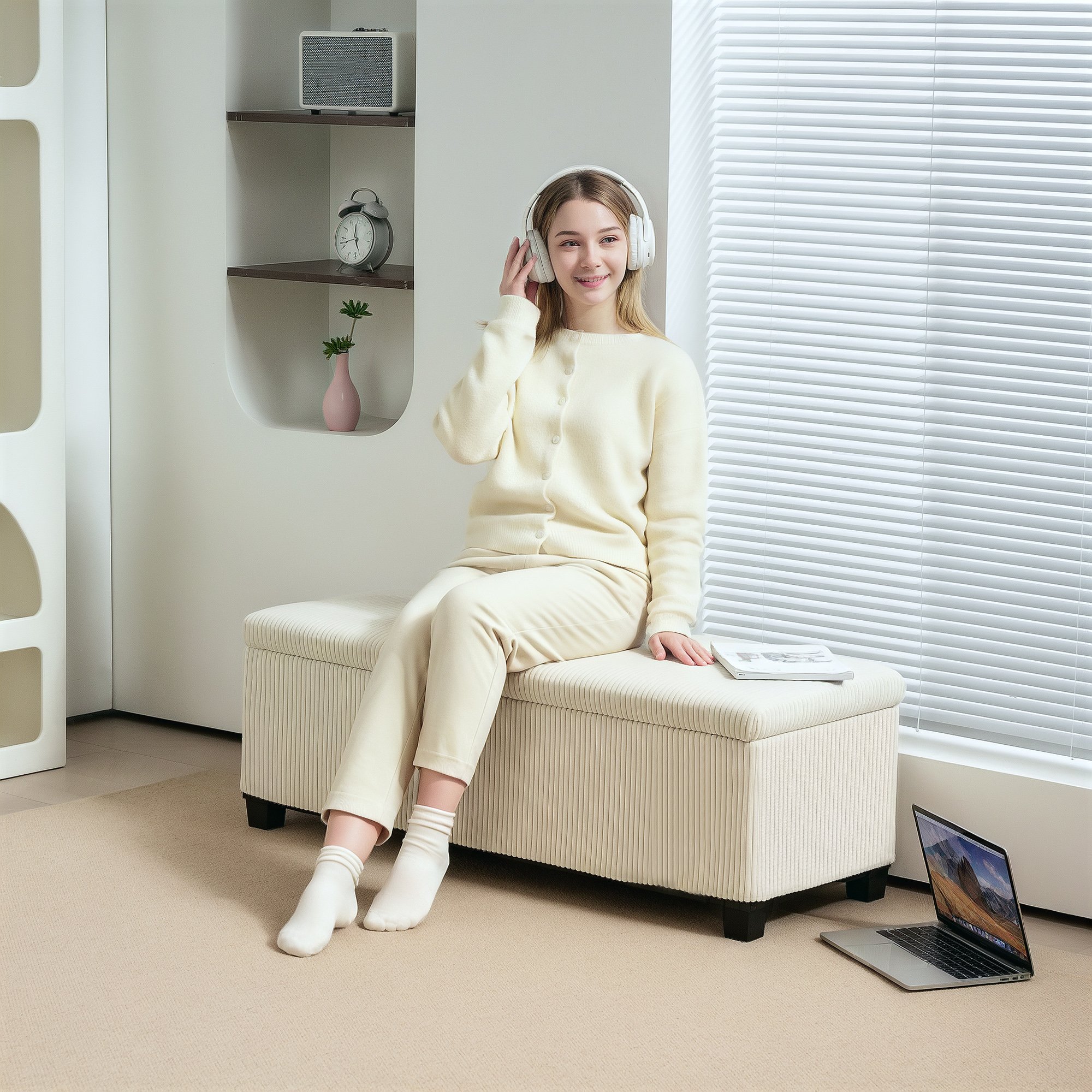 44 Inches Ottoman With Storage, Lid, Legs, Corduroy End Of Bed Bench For Living Room, Bedroom, Entryway, Beige (Color: Beige)