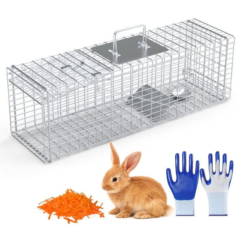 Live Animal Trap Cage 27x7.5x8in Folding Catch And Release Steel Humane Cat Trap For Racoons Stray Cats Rabbits Beavers Hedgehogs Chipmunk Small (Option: Silver)