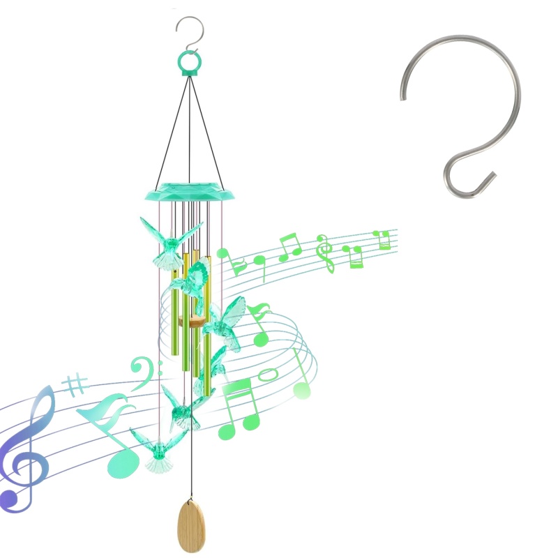 1Pc Solar Butterfly Wind Chime With Aluminum Tubes 7 Color Changing Wind Chime For Outside IP44 Waterproof Outdoor Garden Yard Decor (Option: Green Hummingbirds)