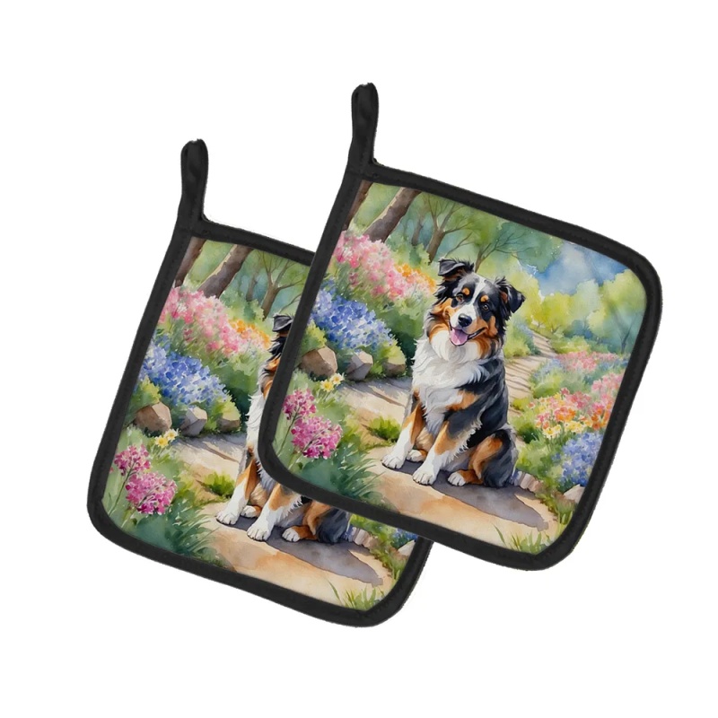 Australian Shepherd Spring Garden Pair of Pot Holders Kitchen Heat Resistant Pot Holders Sets Oven Hot Pads for Cooking Baking BBQ, 7 1/2 x 7 1/2 (Option: Default)