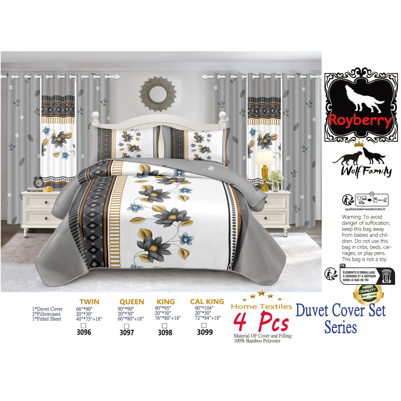 4-Piece Gray And White Floral Duvet Cover Bedding Set For Queen, King And California King (Option: Queen)