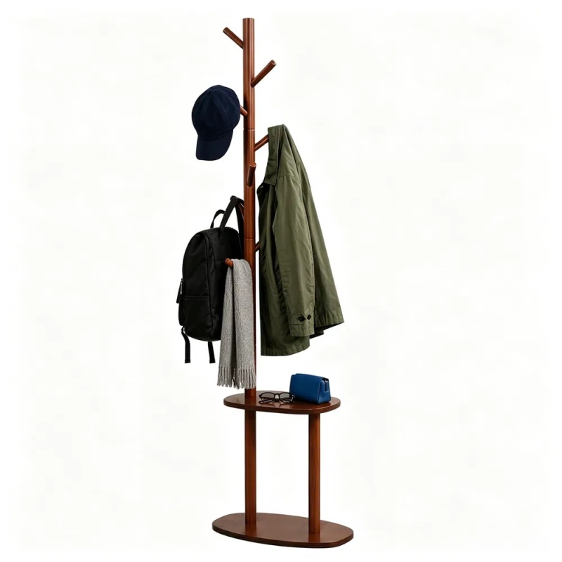 Freestanding Wooden Coat Rack with 8 Staggered Hooks & 2 Storage Shelves, Rubber Wood Hall Tree Organizer for Entryway Bedroom Living Room (Option: default title)