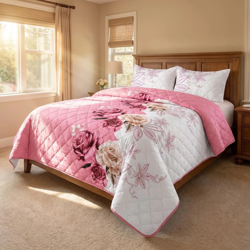 3-Piece Pink Rose Quilted Bedspread Set For King And California King (Option: KING)