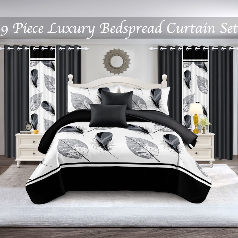 9-Piece Black And White Feather Bedspread And Curtain Set, Reversible Microfiber Bedding Set For King And California King (Option: KING)