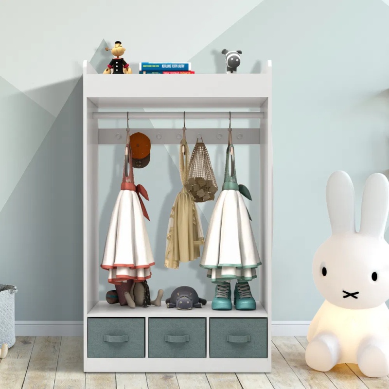 Kids Costume Organizer, Costume Rack, Kids Armoire, Open Hanging Armoire Closet with Mirror-WHITE (Option: As picture)