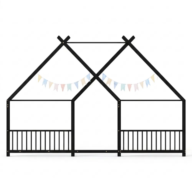 Full Size Metal House Bed Frame, Montessori Floor Bed with Safety Side Guard Rails, No Box Spring Needed, House-Shaped Platform Bed for Kids Todd (Option: default title)