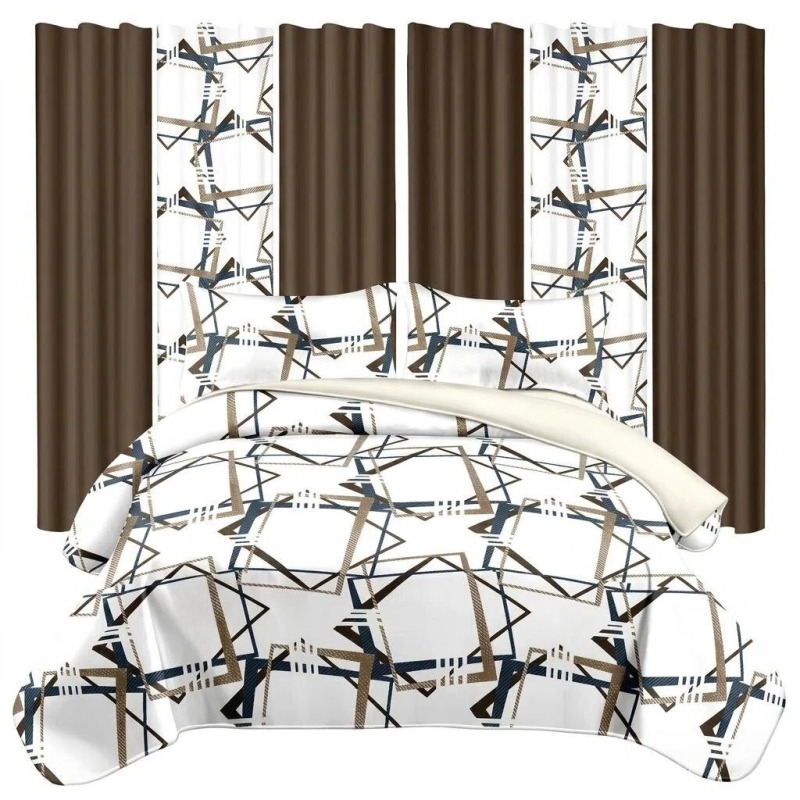 9 Piece Room In A Bag Quilt And Curtain Set, US Designer Modern Geometric Print Heavyweight Bedspread With 6 Customizable Window Panels, Pet-Frie (Option: Cal King)