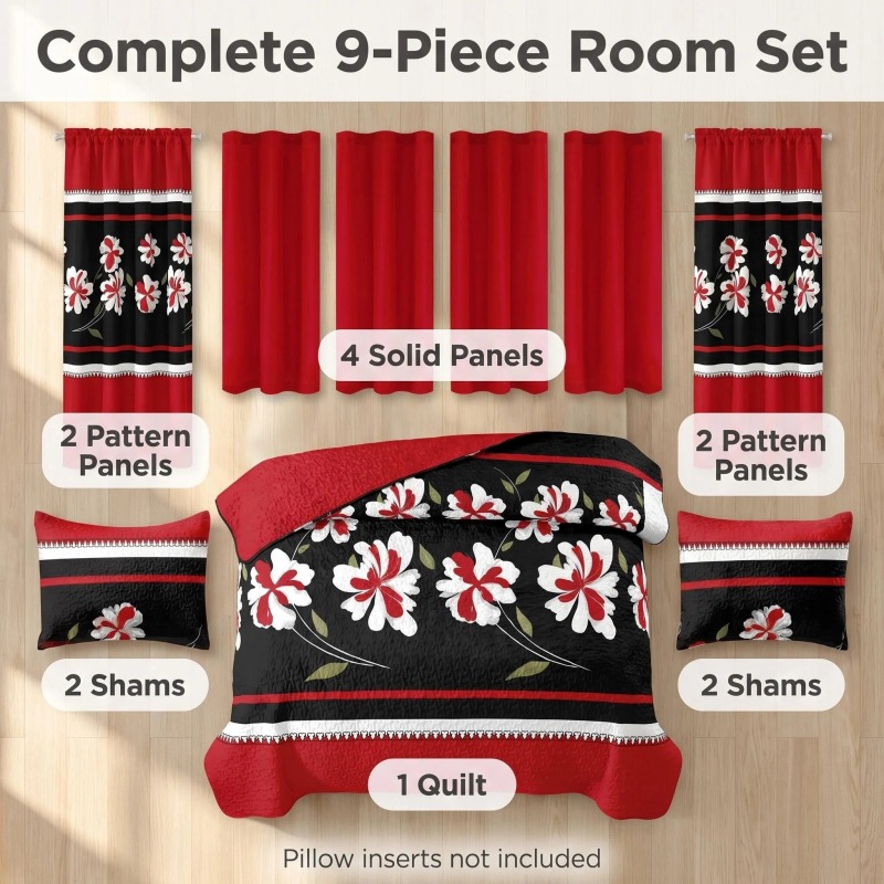 9-Piece Black And Red Floral Bedspread And Curtain Set, Reversible Microfiber Bedding Set For King And California King (Option: KING)