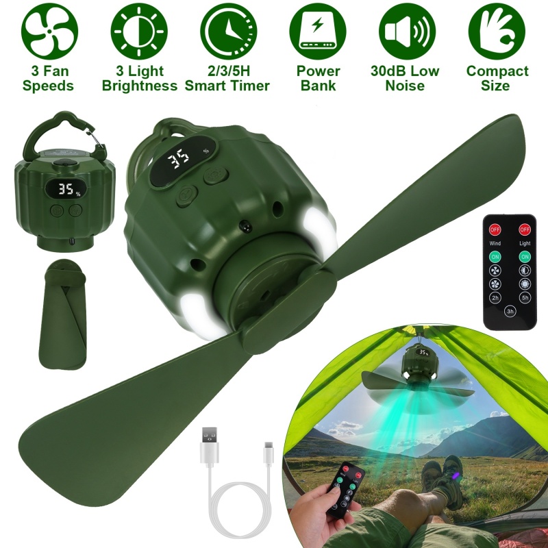 3-in-1 Camping Fan With LED Lantern, Hanging Tent Fan 3 Wind Speeds, Remote Control Timer, USB Power Bank, Low Noise Rechargeable Fan With Batter (Option: 5200mAh)